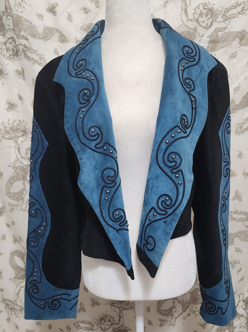 Vintage Western Suede Jacket Black & Turquoise Studded Rodeo Show Cropped M